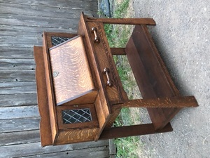 Shop of the Crafter's drop front Desk with leaded glass doors and custom wooden pulls. 